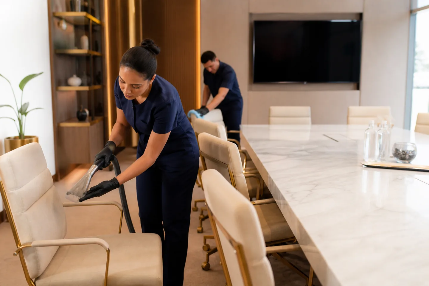 Equipe realizando higienização de cadeiras em ambiente corporativo
